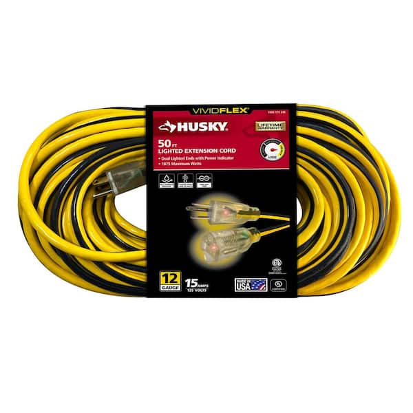 Husky VividFlex 50 ft. 12/3 Heavy Duty Indoor/Outdoor Extension Cord with Lighted End, Yellow