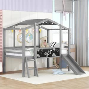 Gray Wood Frame Twin Size House Loft Bed with Slide, Blackboard and Light Strip on the Roof