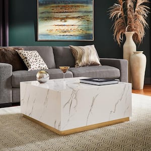 35 in. Square White Faux Marble Coffee Table With Casters