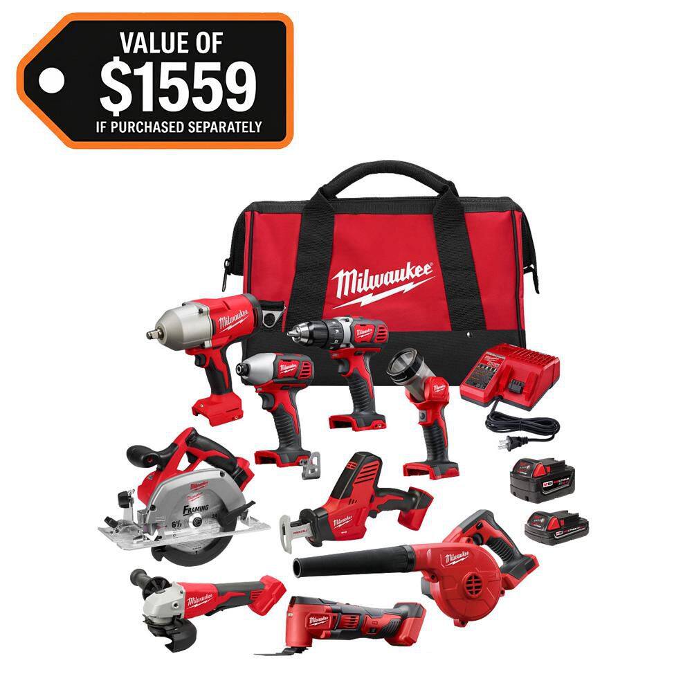 MILWAUKEE M18 18-Volt Lithium-Ion Cordless Combo Kit 9-Tool with 2-Batteries, Charger and Tool Bag (2697-29)