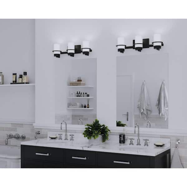 Progress Lighting Reiss 22.75 in. 3-Light Matte Black Vanity Light with Etched Glass Shade
