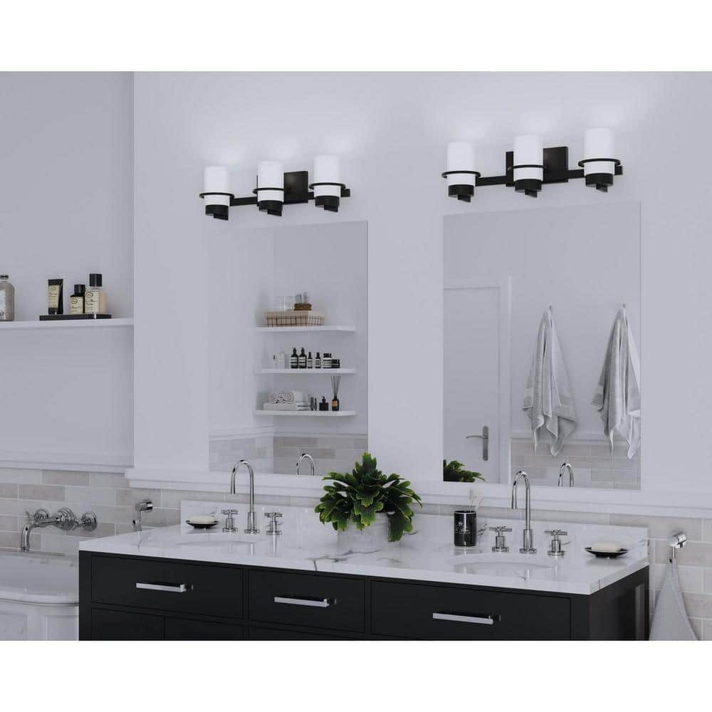 Matte Black 3-Light Vanity with White Glass Shades