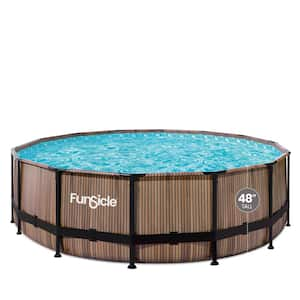 Oasis Designer 16 ft. Round 48 in. Deep Metal Frame Above Ground Pool with Pump, Natural Teak