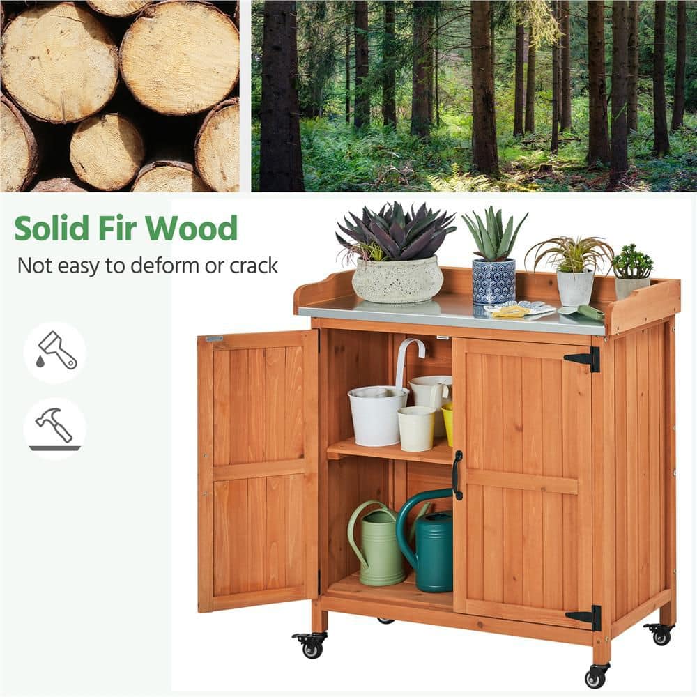 Brown Fir Wood Garden Potting Bench with Metal Tabletop