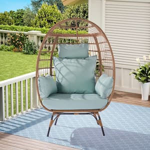 Oversized Indoor Outdoor Wicker Egg Chair and Steel Frame 440lb Capacity with Blue Cushion
