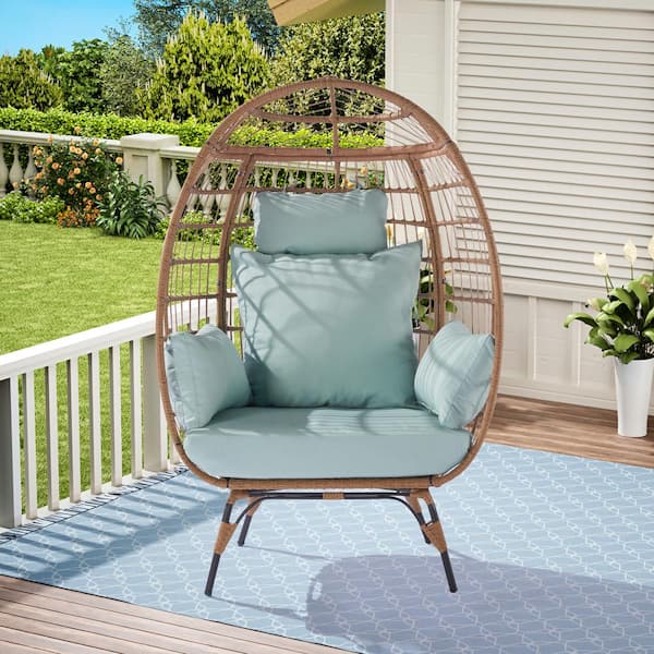 Boosicavelly Oversized Indoor Outdoor Wicker Egg Chair and Steel Frame 440lb Capacity with Blue Cushion