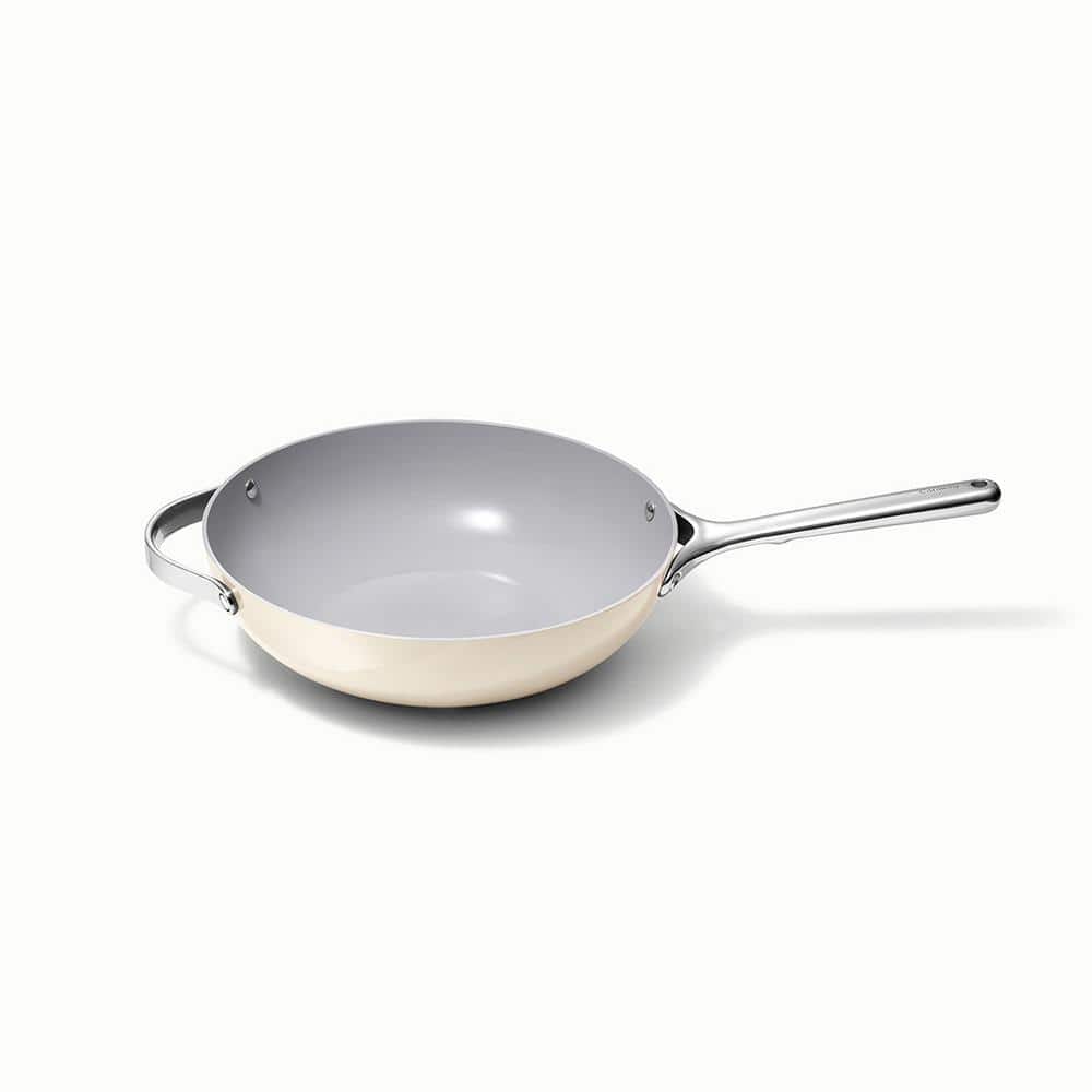 Cream Ceramic Nonstick 12" Stir Fry Pan with Stainless Steel Handles