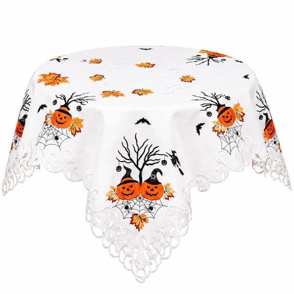 Ivory Embroidered Halloween Polyester Square Tablecloth 33.86 in. x 33.86 in. Decorative Accent