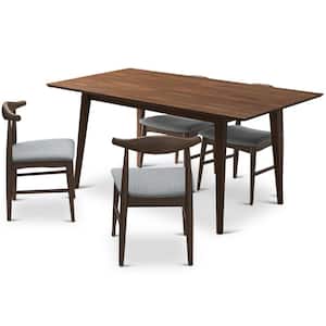 Adora 5-Piece Rectangular Walnut Solid Wood Top Dining Set with 4 Fabric Windham Dining Chairs in Gray