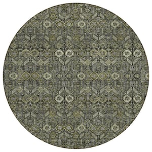 Moss Green and Gray 8 ft. Round Woven Floral Round Indoor/Outdoor Area Rug