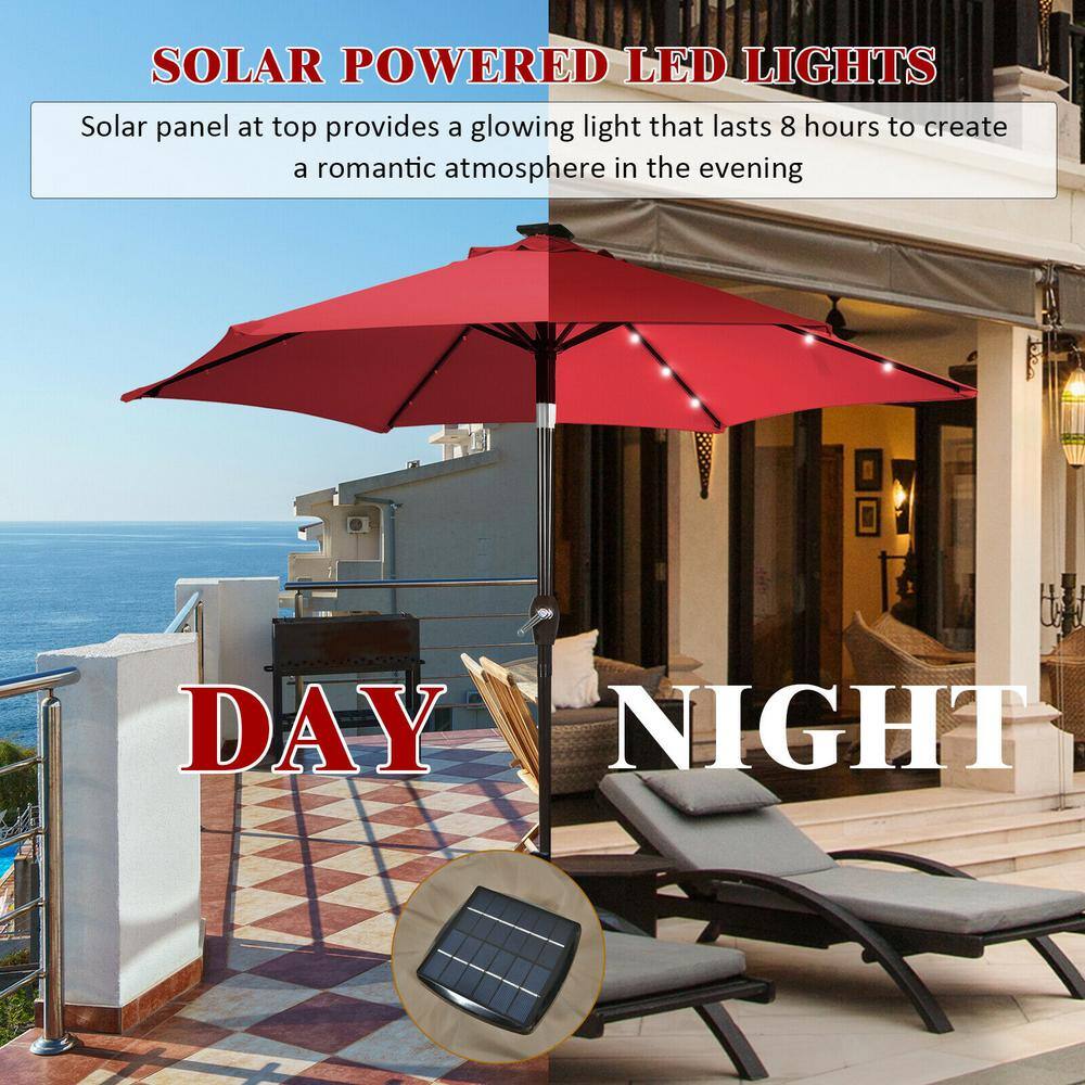 Dark Red 9 ft. Solar LED Lighted Market Patio Umbrella with Crank Lift