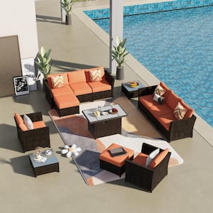 Rimaru 12-Piece Wicker Outdoor Patio Fire Pit Conversation Seating Set with Orange Red Cushions