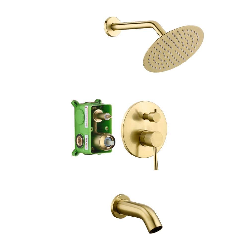 Sumerain Brushed Gold Shower Faucet Set with 8 Inches Stainless Steel Rain Shower Head, Solid Brass Rough in Valve