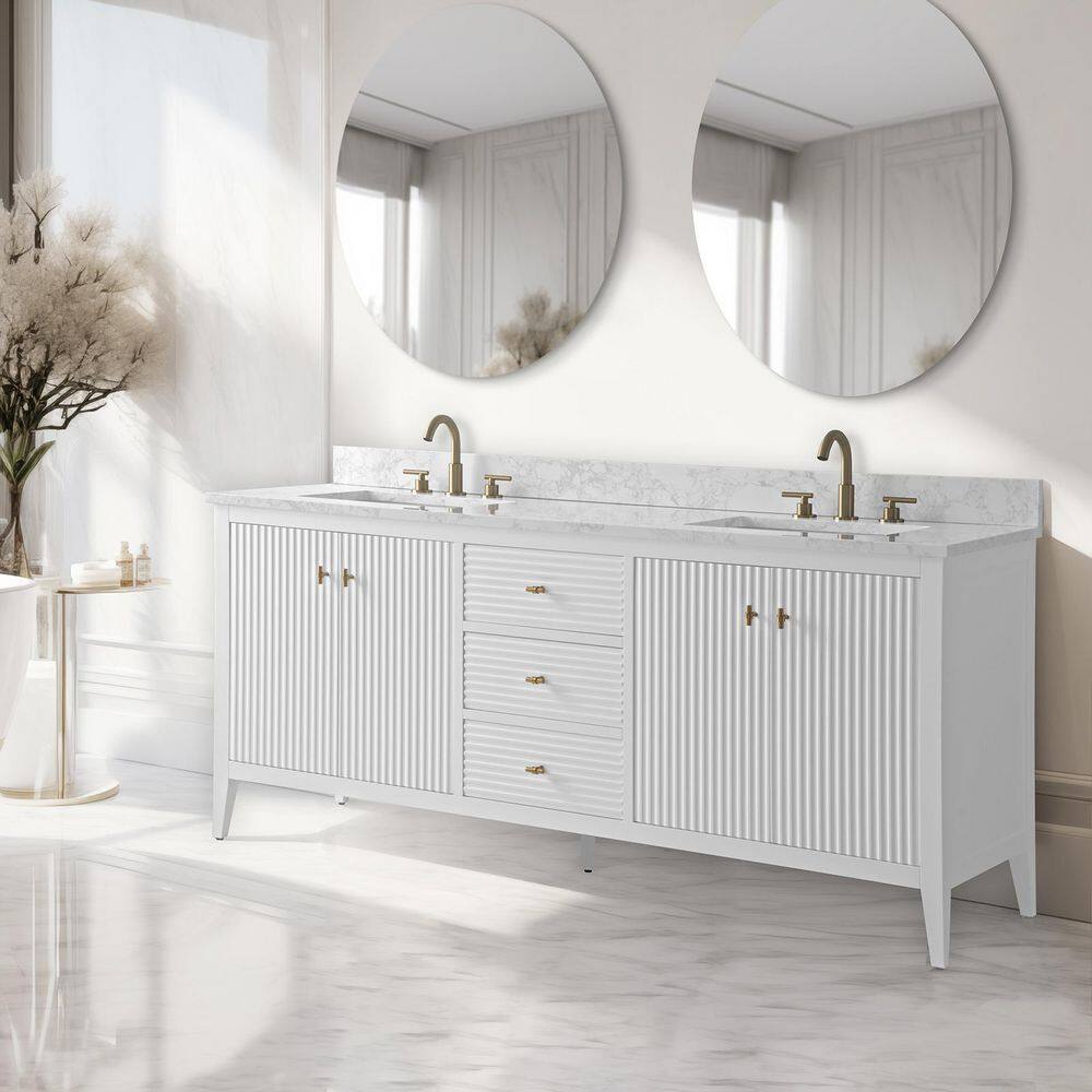 72" Linear White Double Sink Vanity with Golden Brushed Hardware