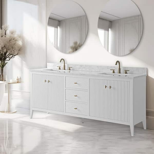 72 in. W x 22 in D x 38 in. H Double Sink Bathroom Vanity Cabinet in Linear White with White Engineered Marble Top