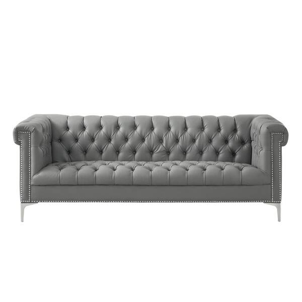 Inspired Home Ramona 33 8 In Grey Silver Faux Leather 3 Seater Tuxedo Sofa With Nailheads Sa40 01gr Hd Faux Leather 3 Seater Tuxedo Sofa, Black Leather Tuxedo Sofa