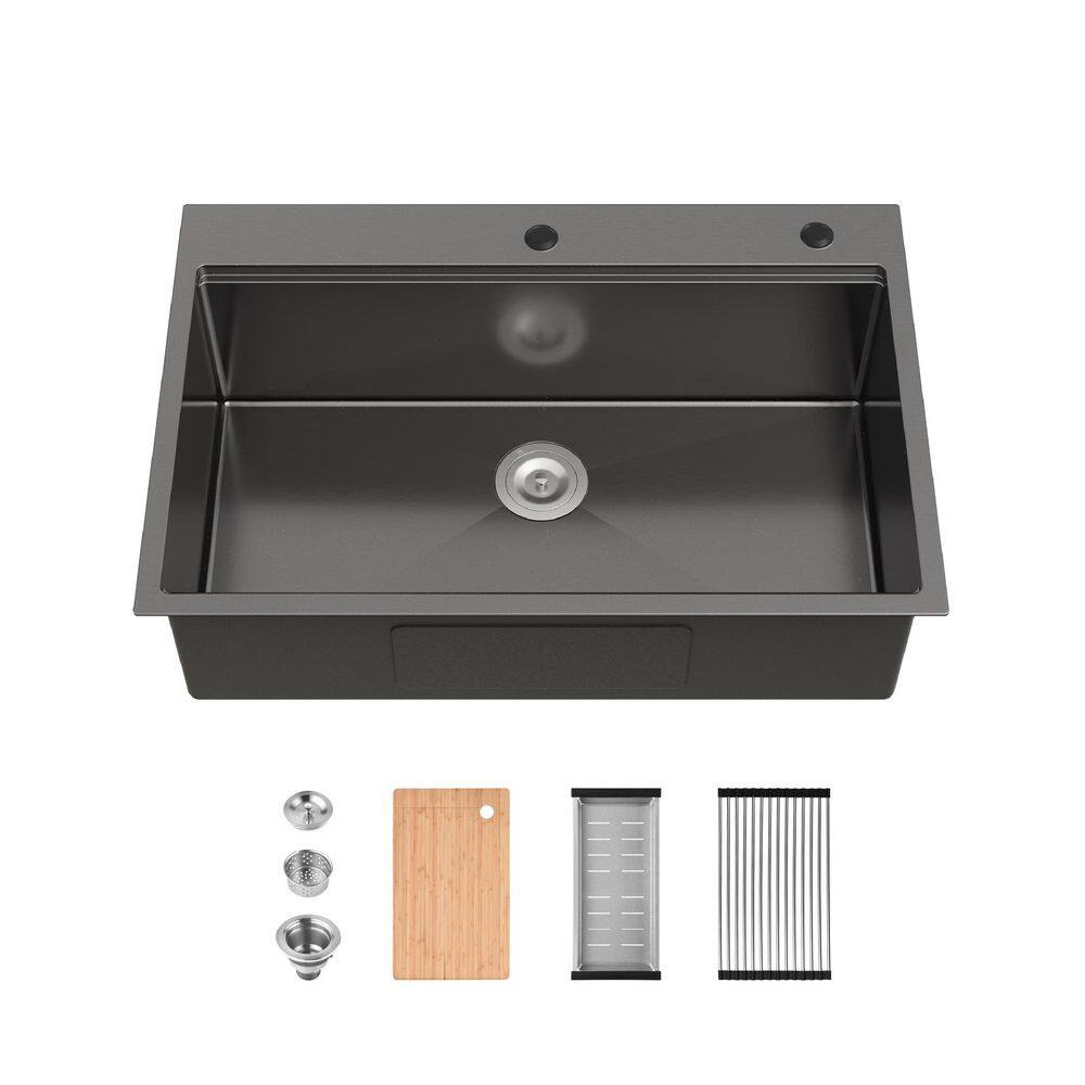 33 in. Drop In Singel Bowl 20 Gauge Brushed Nickel Stainless Steel Kitchen Sink with Cutting Board, Colander price history on PriceWatchPro