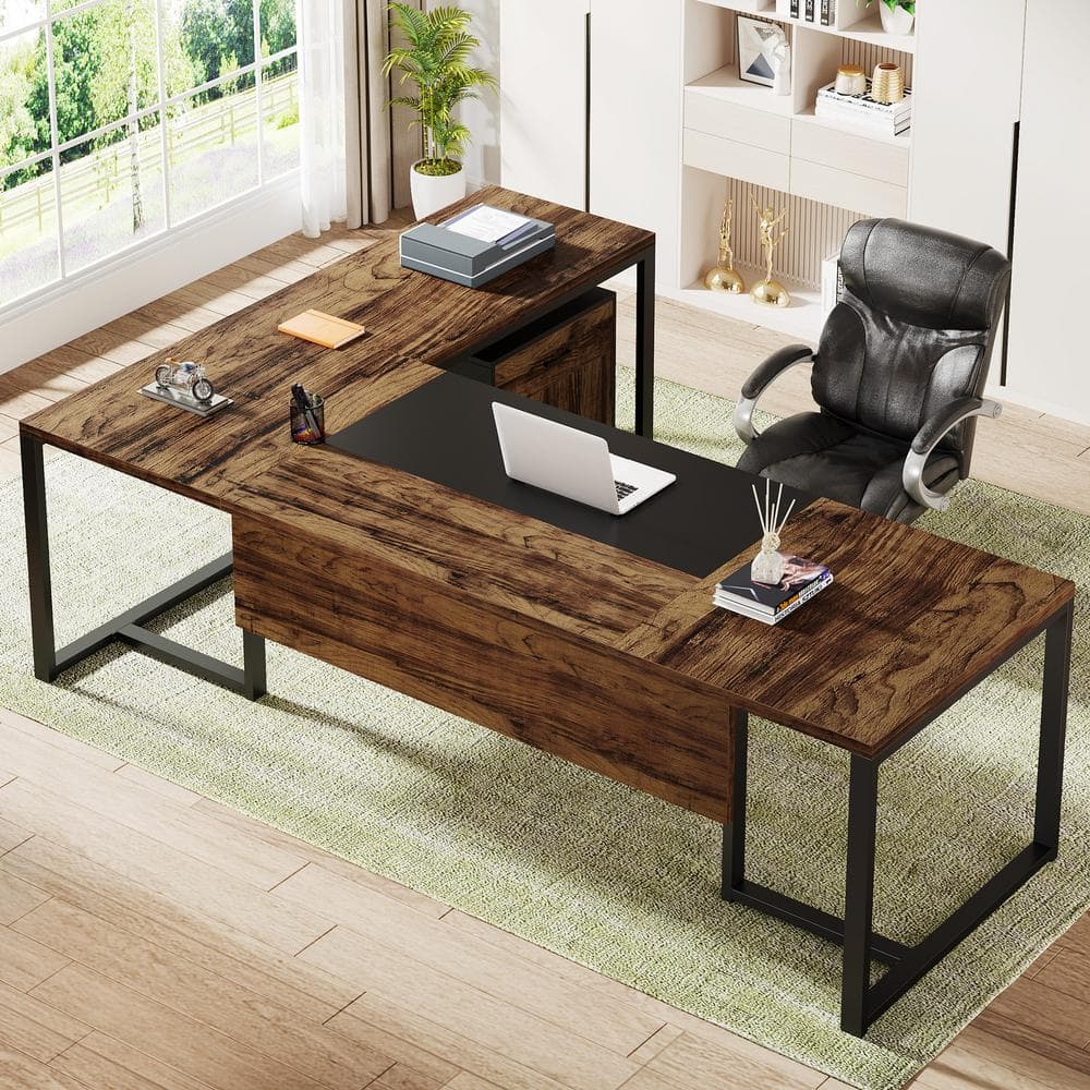 71'' Rustic Brown and Black L-Shaped Desk with Mobile File Cabinet