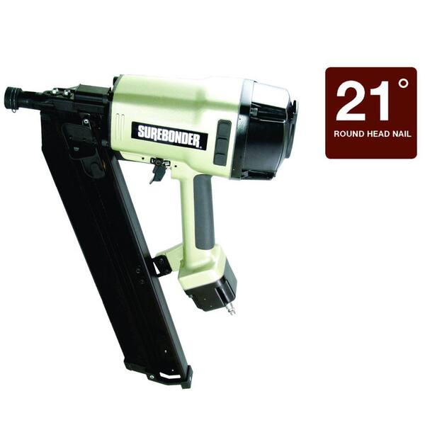 Surebonder Pneumatic 2 in. - 3-1/2 in. 21 Degree Plastic Collated Round Head Framing Nailer with Case
