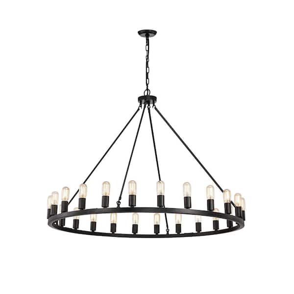 Camila 24-Light 47.3 in. Antique Black Metal Wagon Wheel Chandelier