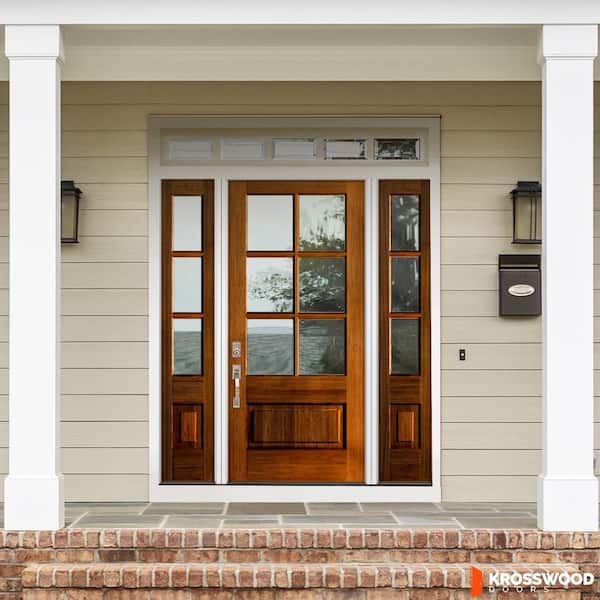 64 in. x 80 in. Farmhouse 3/4 Lite Clear Glass Right-Hand/Inswing Red Chestnut Stain Hemlock Prehung Front Door w/DSL