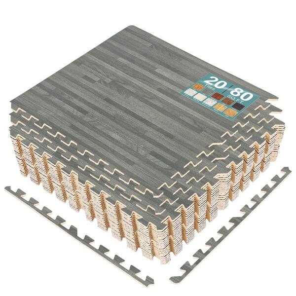Grey Residential 24 in. x 24 in. Interlocking Carpet Tile Square 80 sq. ft.,  Wood Grain Floor Tiles Foam Mat EVA Tile