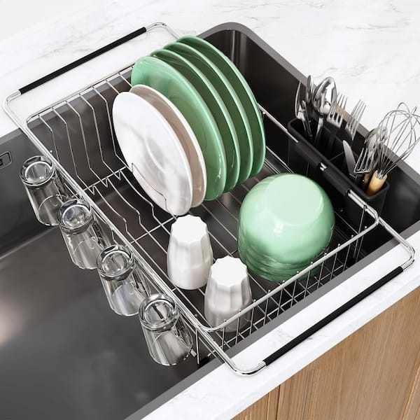 15.5x10.4 in Stainless Steel Dish Drying Rack with Utensil Holder for Kitchen Sink Over the Sink Silver