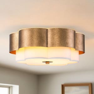 Rae 2-Light 13.78'' Mid-Century Modern Antique Gold Flower-Shaped Fabric Drum Flush Mount Ceiling Light