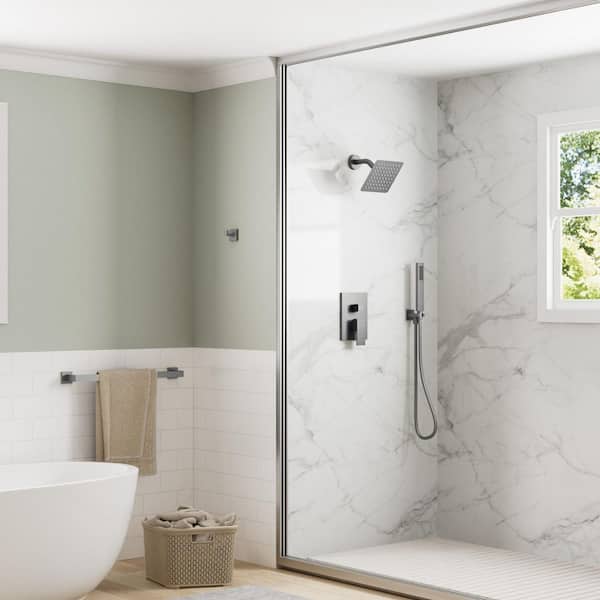 6 in. Wall Mount Square 1-Handle 2-Spray Tub and Shower Faucet 2.5 GPM Stainless Steel in Brushed Nickel Valve Included