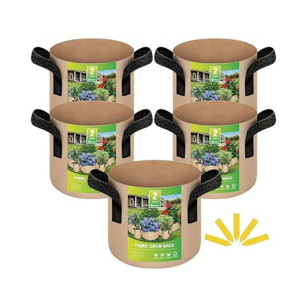 5-Pack 2 Gallon Plant Grow Bags Tan Thickened Nonwoven Fabric Pots with Strap Handles for Indoor/Outdoor Use