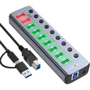 2.4 Amp 7 Outlet Splitter USB 3.2 Hub with Individual On/Off Switches and USB C Hub for Laptop and PC in Green