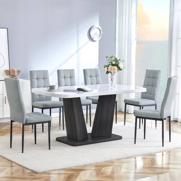 Harper & Bright Designs 7-Piece Rectangle White  Faux Marble MDF Veneers Top Dining Set Seats 6 with V-Shaped Base, 6-Upholstered Chairs