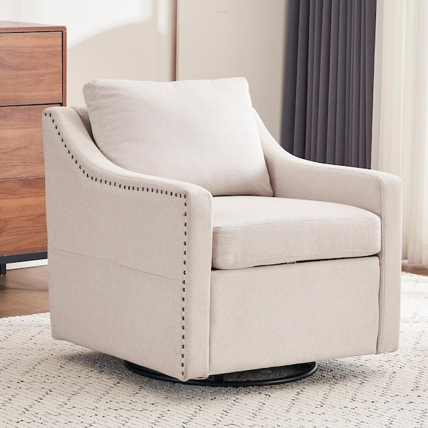 Noble House Lennox Beige Modern Linen Fabric Upholstered Armchair 360° Swivel Accent Chair with Nailhead Trim, Pillow