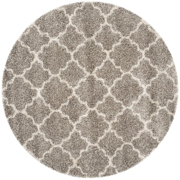 Hudson Shag Gray/Ivory 9 ft. x 9 ft. Round Quatrefoil Geometric Area Rug