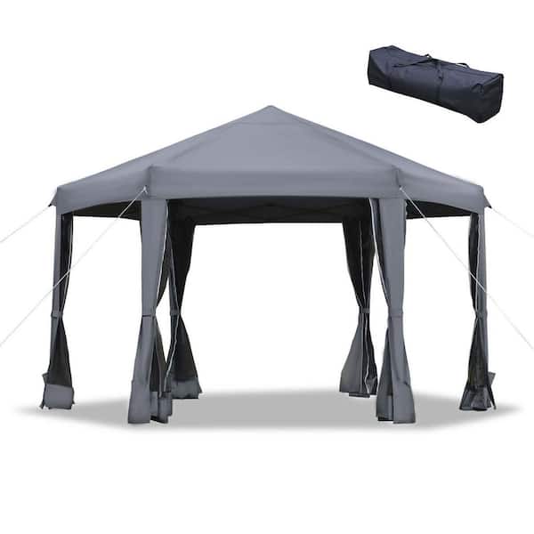 10.5 ft. x 12.5 ft. Dark Gray Heavy Duty Outdoor Canopy Tent, Pop-Up Canopy Tent Hexagonal Pop Up Gazebo w/ 6 Sidewalls