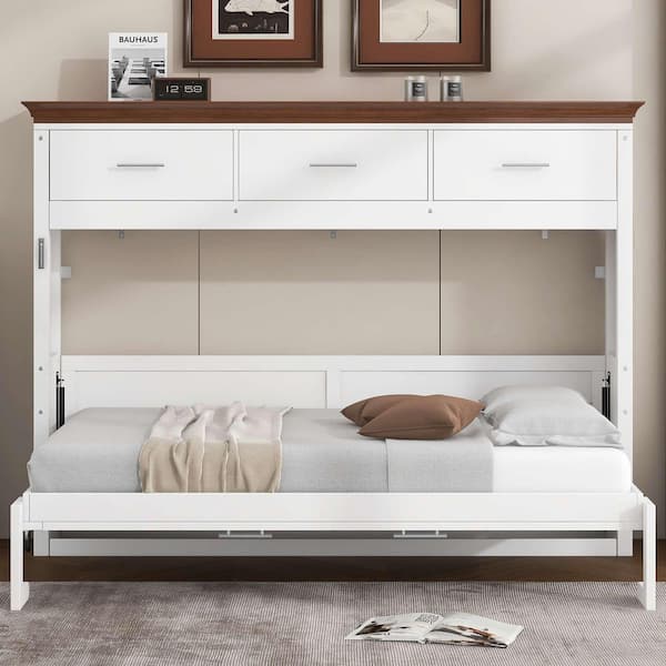White Wood Frame Twin Size Murphy Bed with 3-Drawers