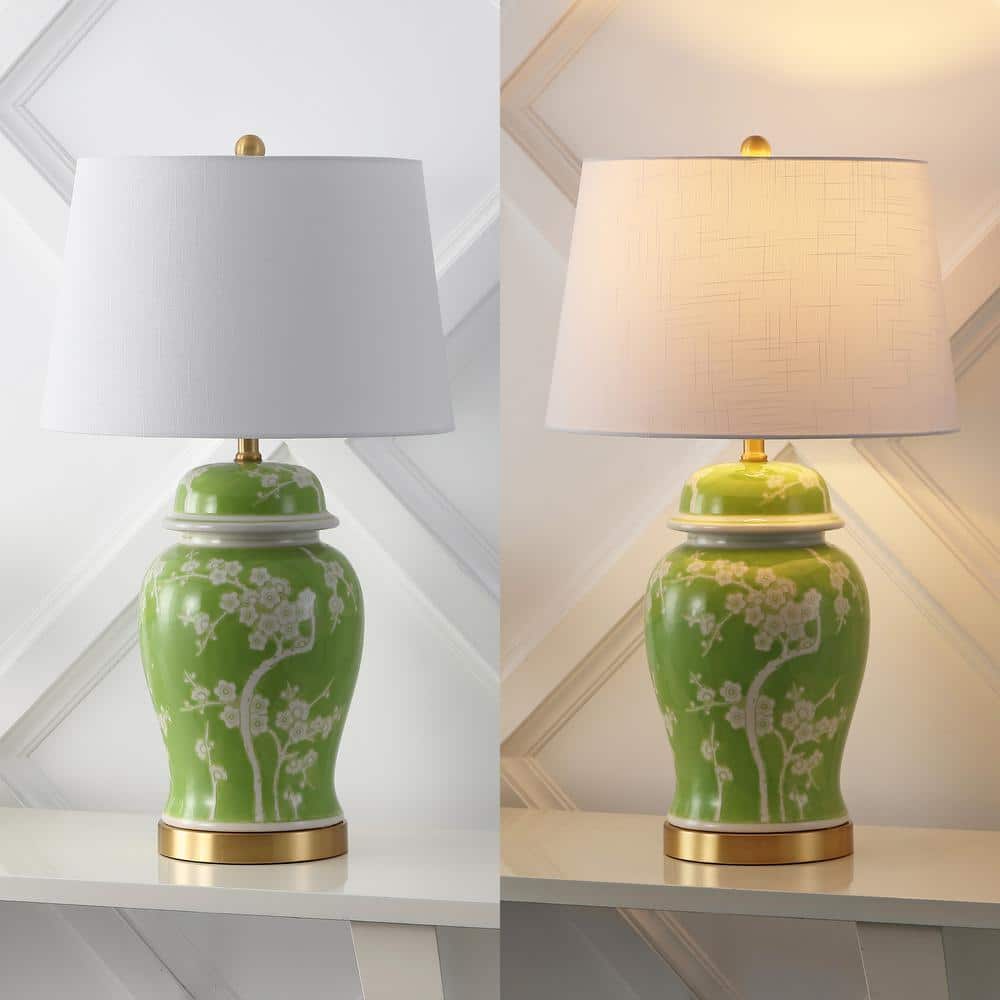 Gracie Green and White Ceramic Ginger Jar LED Table Lamp
