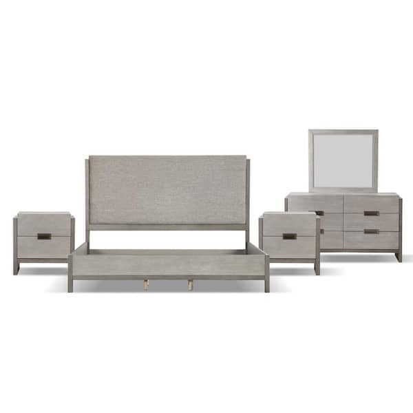Furniture of America Burnett 5-Piece Stone Gray Wood Queen Bedroom Set with Dresser/Mirror and 2-Nightstands