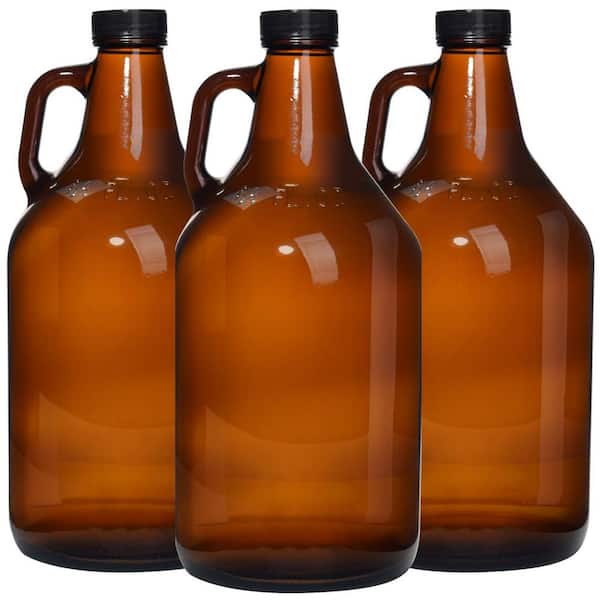3-Pack 64 oz. Brown Amber Glass Growler, Half Gallon Glass Jug with Seal Cap and Handle, for Home Brewing Kombucha