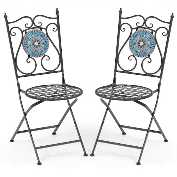 FORCLOVER Set of 2 Metal Folding Mosaic Outdoor Dining Chairs in Multicolor