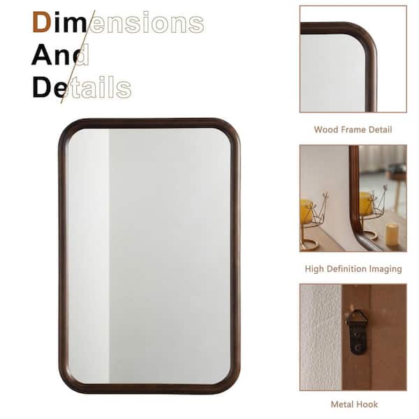 24 in. W x 36 in. H Modern Rectangular Brown Pine Wooden Framed Wall Bathroom Vanity Mirror