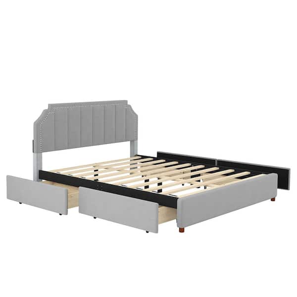 ATHMILE 86.2 in. W Gray Queen Wood Frame Upholstery Platform Bed with Four Storage Drawers