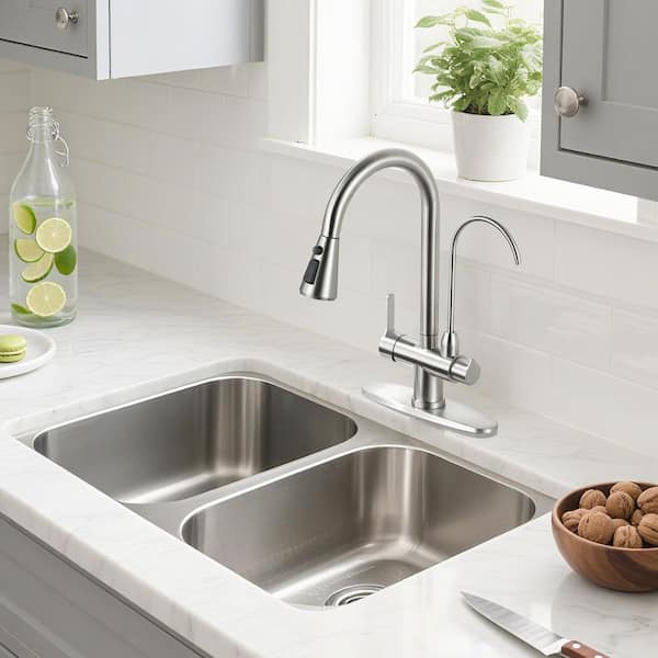 16.7 in. H Pull Down Sprayer Kitchen Faucet with Drinking Water Faucet and 360° Swivel Spout in Brushed Nickel