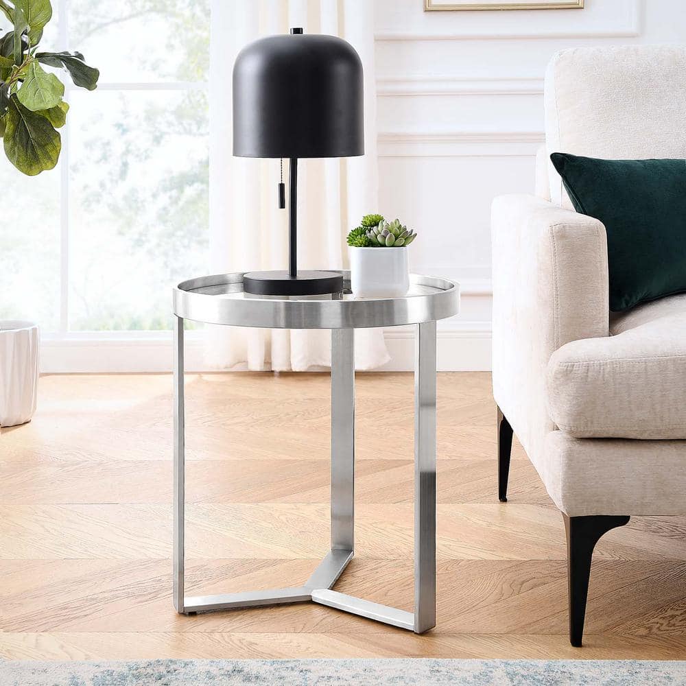 Silver Round Metal and Glass Accent Side Table