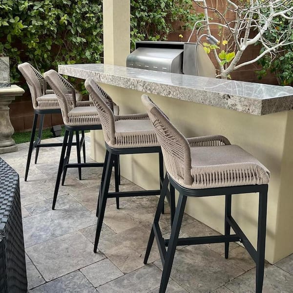 Modern Aluminum Twill Wicker Woven Bar Height Outdoor Bar Stool with Back and Dark Gray Cushion (4-Pack)