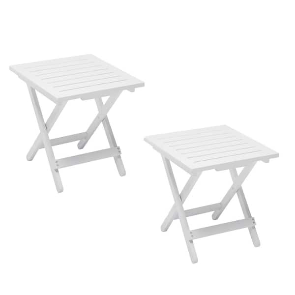 Anraja White Square Wood Outside Side Table, Folding Small End Table, Portable Little Table for Patio, Set of 2