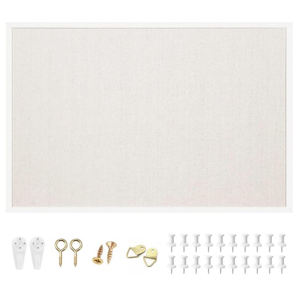 24 in. x 36 in. White Framed Corkboard, Linen Outdoor Bulletin Board Vision Board and Decorative Hanging Pin Board