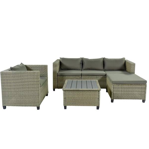 Unbranded Gray Wicker Rattan Outdoor Patio Furniture Sets Sectional Sofa with Gray Cushions and Coffee Table