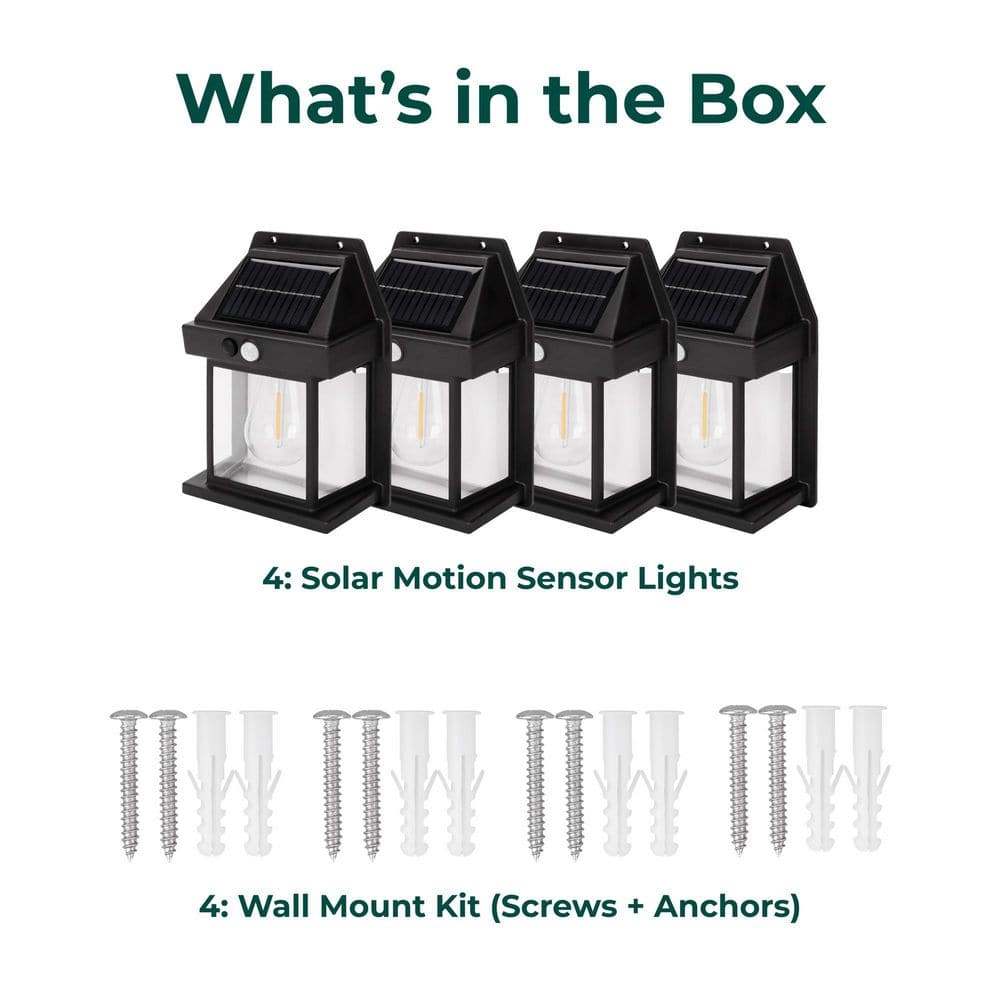 Matte Black Solar LED Outdoor Wall Lantern with Motion Sensor, 4-Pack