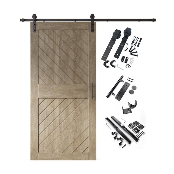 HOMACER XT4 40 in. x 84 in. C-Panel Classic Gray Slanted Stripe Design Solid Pine Wood Sliding Barn Door with Hardware Kit